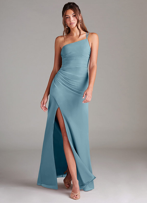 Azazie Eren Vestidos Dama de Honor Vestido de Azul Malhumorado de Gasa de Corte Recto con Hombro unilateral image1