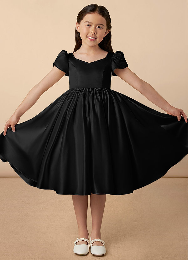 Azazie Juno Flower Girl Dresses Black A-Line Sweetheart Neckline Matte Satin Dress image1