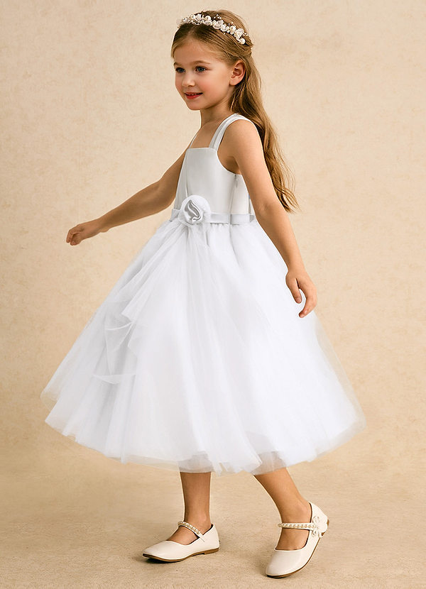 Azazie Bonny Flower Girl Dresses Ivory White Ball-Gown Pleated Tulle Dress image1