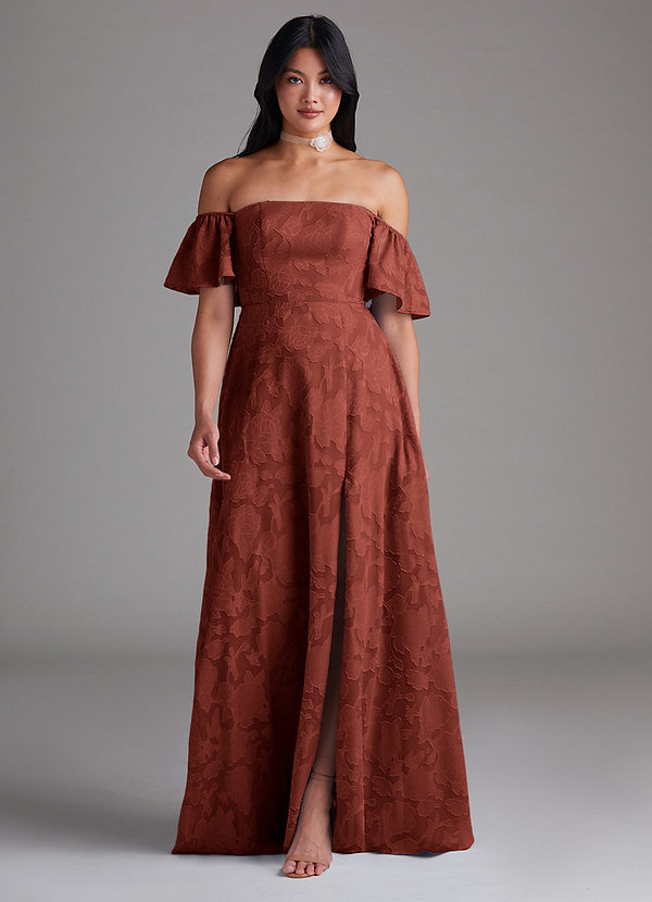 Azazie Sue Bruidsmeisjes Jurken Converteerbaar Jurk van Bloemen Burn-out met A-Lijn Off the Shoulder Terracotta image1