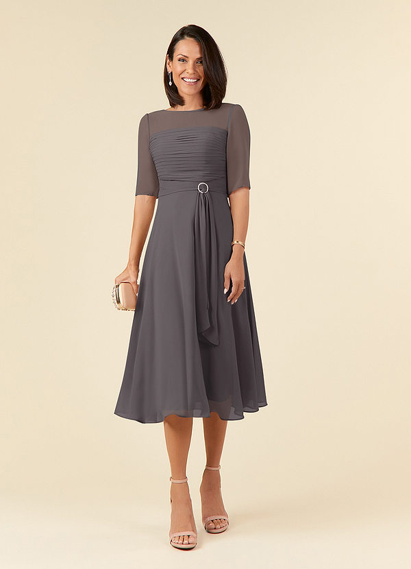 Azazie Naomi Mother of the Brides Dresses Steel Grey A-Line Boatneck Pleated Chiffon Dress image1