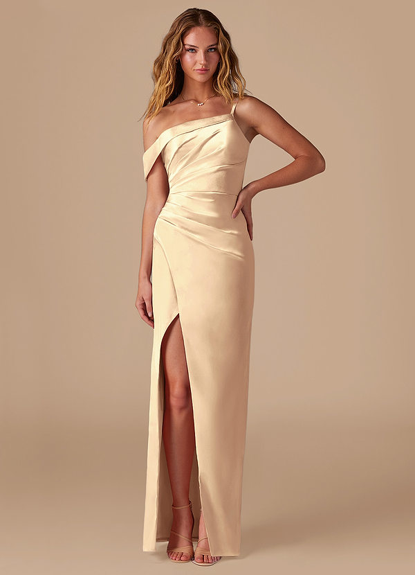 Azazie Lia Vestidos Dama de Honor Vestido de Oro de Satén Metálico de Corte Recto con Vestidos sin tirantes image1