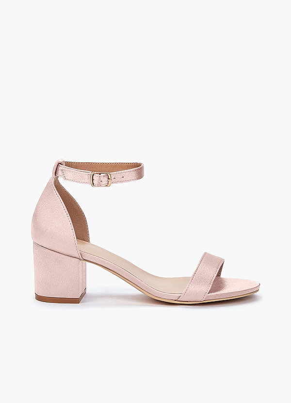 front Sandales à talon carré et boucle à une bride en satin métallisé de couleur assortie