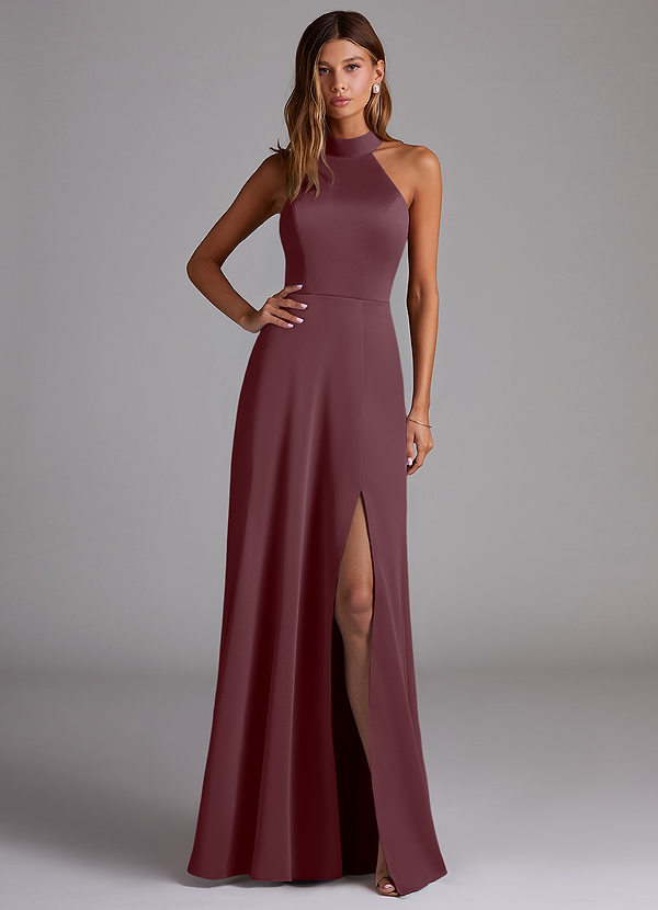 Azazie Myra Bridesmaid Dresses Sangria A-Line High Neck Stretch Satin Dress image1
