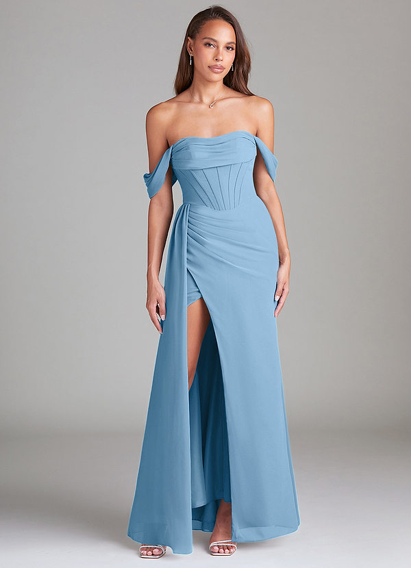 Azazie Amyra Vestidos Dama de Honor Vestido de Azul Acero de Gasa de Corte Recto Convertible con Vestidos sin tirantes image1