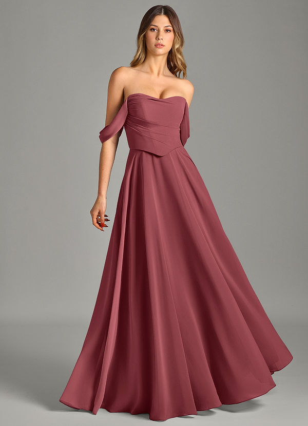 Azazie Chelsey Bridesmaid Dresses Vestido Merlot de Chiffon de Linha A com Fora do ombro image1