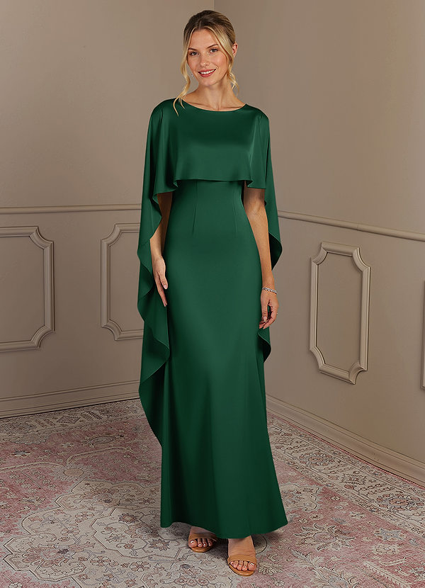 Azazie Eli Mother of the Brides Dresses Dark Green Sheath Boatneck Stretch Satin Dress image1