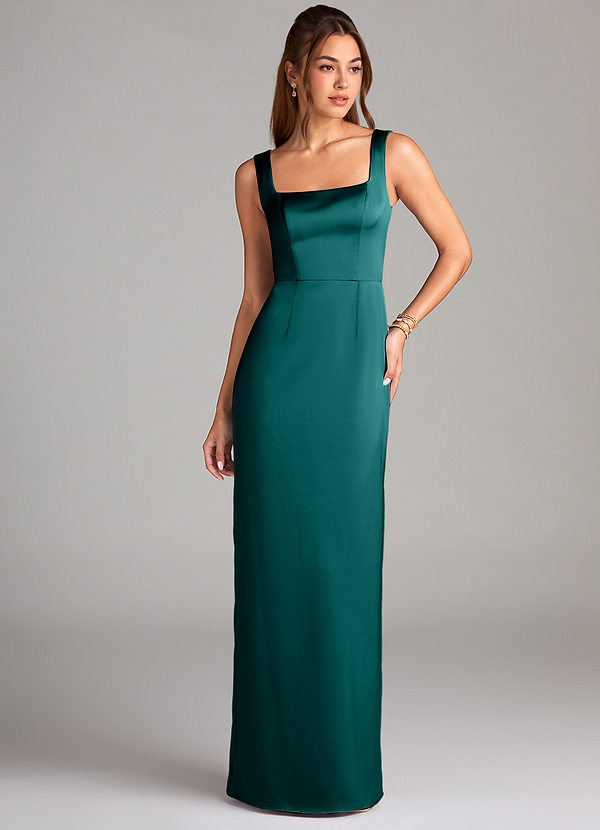 Azazie Flori Bridesmaid Dresses Peacock Sheath Side Slit Stretch Satin Dress image1
