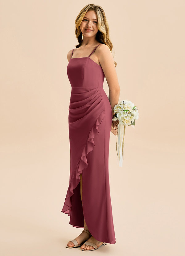 Azazie Buzzy Junior Merlot Sheath Pleated Chiffon Dress image1