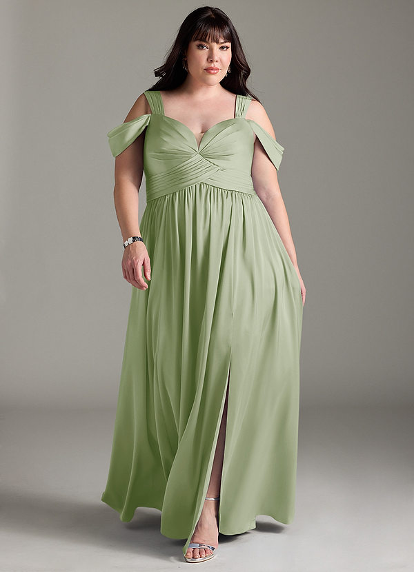 Azazie Lianne Bridesmaid Dresses Dusty Sage A-Line Off the Shoulder Stretch Satin Dress image1