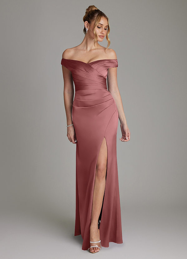 Azazie Teyana Bridesmaid Dresses Amethyst Sheath Off the Shoulder Stretch Satin Dress image1