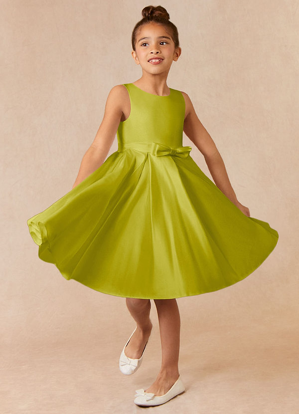 Azazie Coco Blumenkinder Kleider A-Linie Schleifen Matte Satin Kleid Zitronengras image1