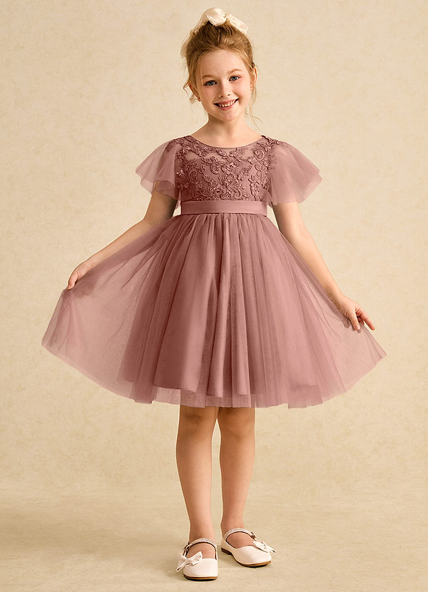 Azazie Queenie Robes de Fillette d'Honneur Robe Trapèze en Dentelle Rose De Cèdre image1