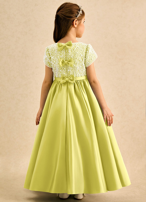 Azazie Cashew Flower Girl Dresses Canary Ball-Gown with Sleeves Matte Satin Dress image1