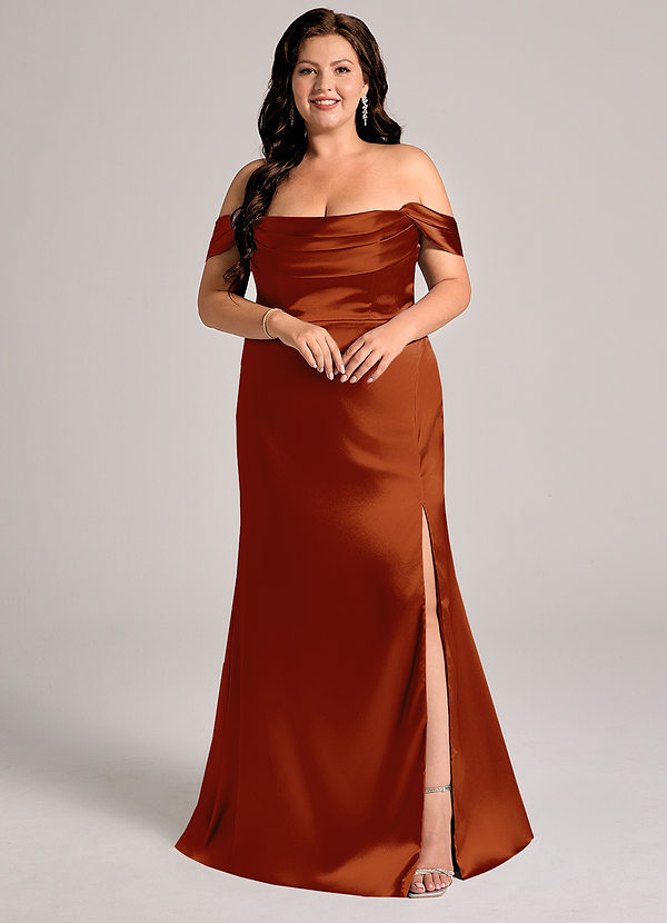 Azazie Saige Vestidos de dama de honor Vestido Castaño de Satén Metálico de Corte Recto Convertible con Hombros descubiertos image1