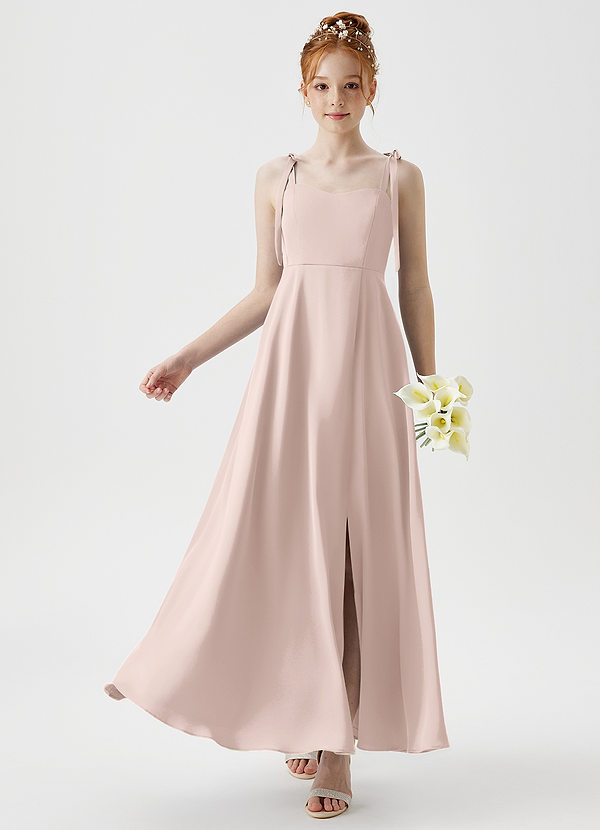 Azazie Rosey Junior Robe Trapèze en Satin extensible Encolure en Forme de Cœur Rose Pâle image1