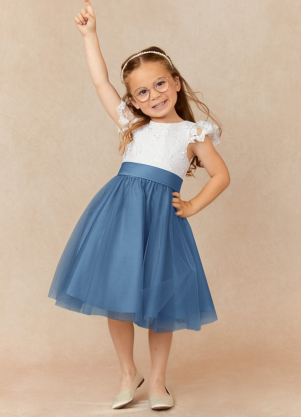 Azazie Vetty Flower Girl Dresses Ivory Steel Blue A-Line Lace Tulle Dress image1