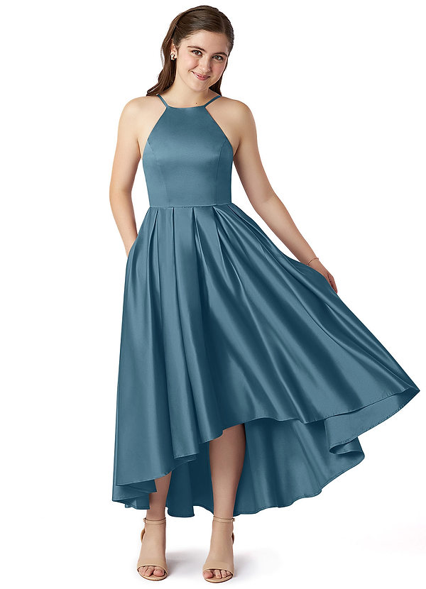 Azazie Jemima Junior A-Linie mit Taschen Stretch-Satin Kleid Bermudablau image1