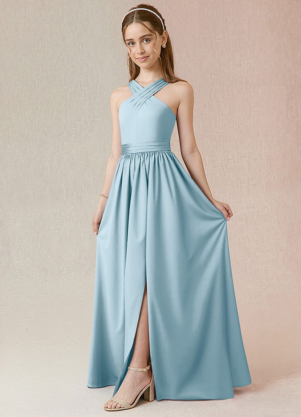 Azazie Jiya Junior Vestido Céu Azul de Cetim elástico de Linha A com Plissado image1