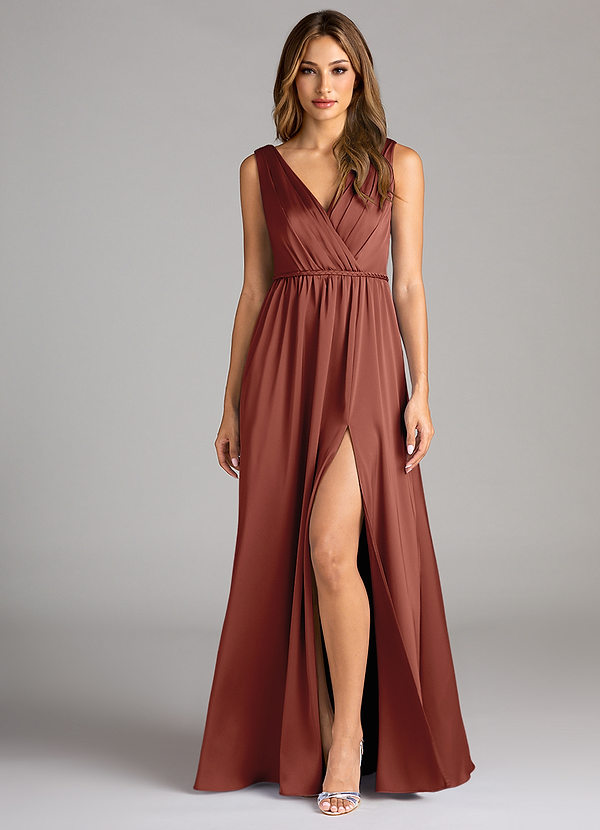 Azazie Tanicia Bridesmaid Dresses Auburn A-Line Pleated Stretch Satin Dress image1