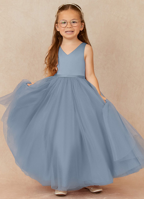 Azazie Marybell Flower Girl Dresses Dusty Blue A-Line Bow Tulle Dress image1