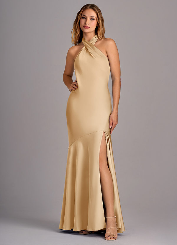 Azazie Lorena Bridesmaid Dresses Gold Mermaid Pleated Stretch Satin Dress image1