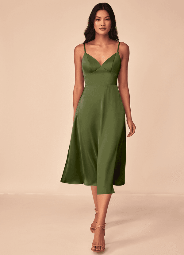 Azazie Dottie Bridesmaid Dresses Olive A-Line Stretch Satin Dress image1
