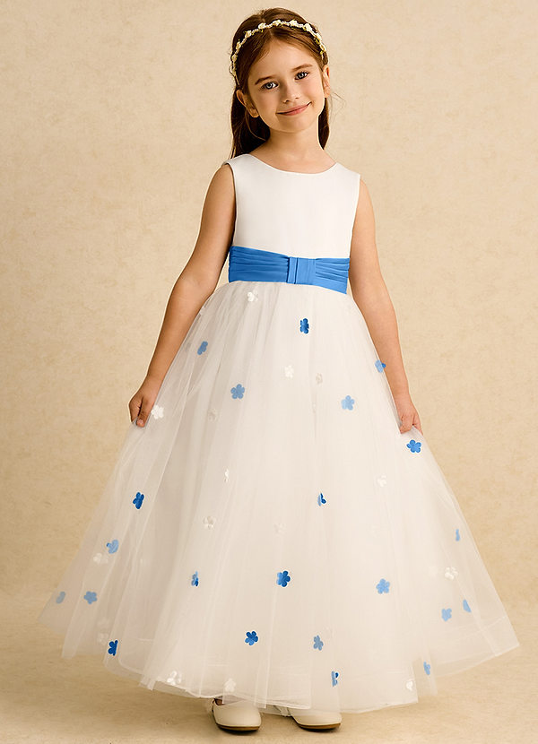 Azazie Cricket Blumenkinder Kleider Ballkleid Plissee Matte Satin Kleid Elfenbein Blauhäher image1
