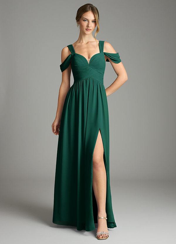 Azazie Lianne Bridesmaid Dresses Emerald A-Line Off the Shoulder Chiffon Dress image1