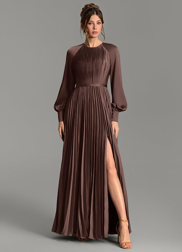Azazie Grayson Bridesmaid Dresses Ganache A-Line Long Sleeve Stretch Satin Dress image1