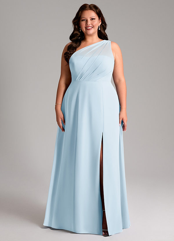 Azazie Phaedra Vestidos Dama de Honor Vestido de Azul Cielo de Gasa de Corte en A con Hombro unilateral image1