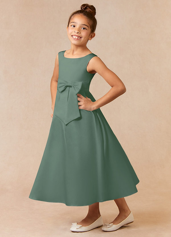 Azazie Lindy Flower Girl Dresses Eucalyptus A-Line Pleated Matte Satin Dress image1