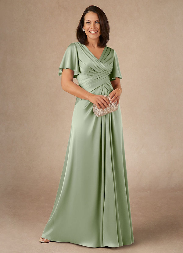 Azazie Emmeline Mother of the Brides Dresses Dusty Sage A-Line Pleated Stretch Satin Dress image1