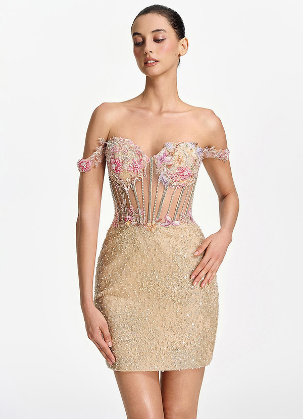 Elowenora Champagne 3D Blomma Pärlor Strass Korsett Paljett Broderi Tyll Miniklänning image1