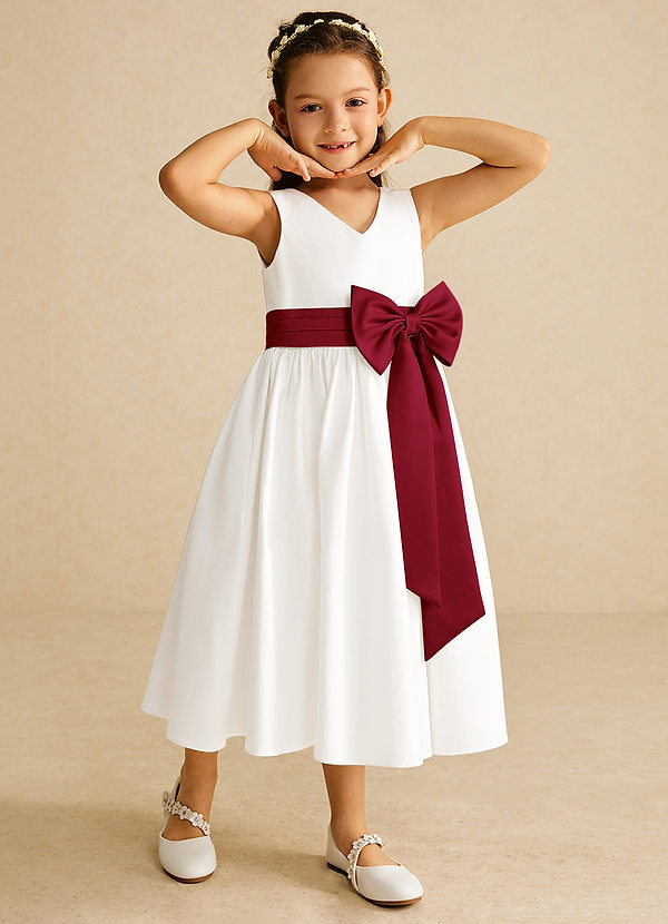 Azazie Darling Flower Girl Dresses Ivory Burgundy A-Line Bow Cotton Dress image1