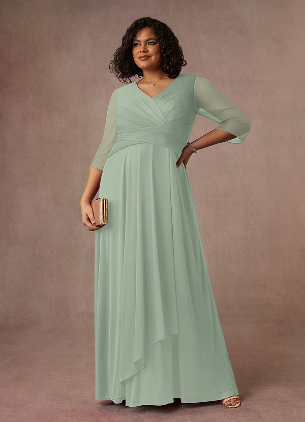 Azazie Annetta Robe Mère de la Mariée & du Marié Robe Trapèze en Maille Col en V à manches longues Vert Sauge image1