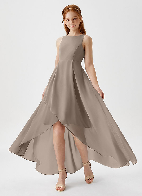 Azazie Lizette Junior Taupe A-Line Pleated Chiffon Dress image1