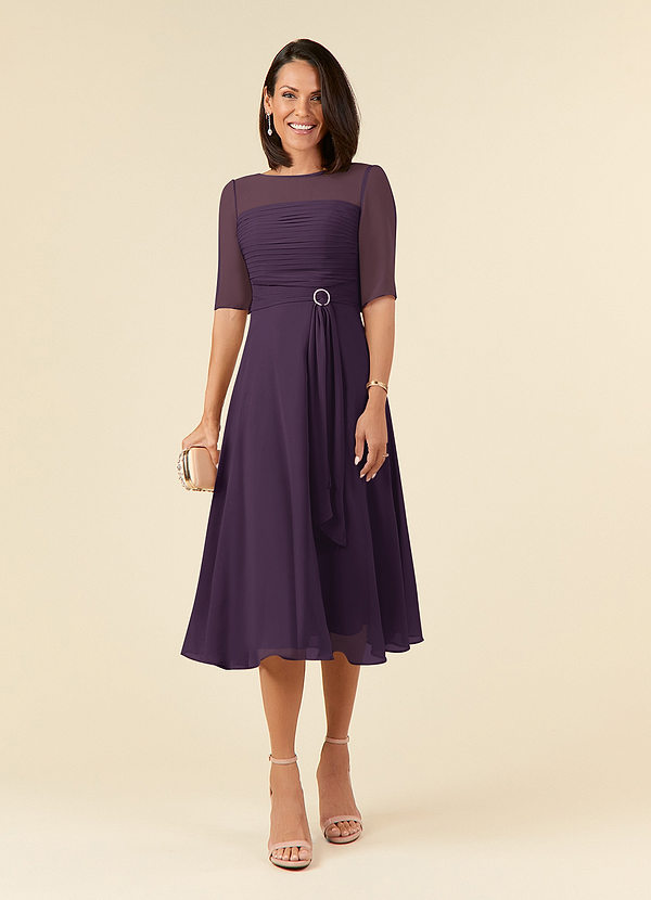 Azazie Naomi Mother of the Brides Dresses Plum A-Line Boatneck Pleated Chiffon Dress image1
