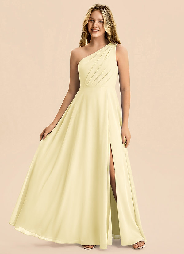 Azazie Phaedra Junior Lemon Sorbet A-Line Pleated Chiffon Dress image1