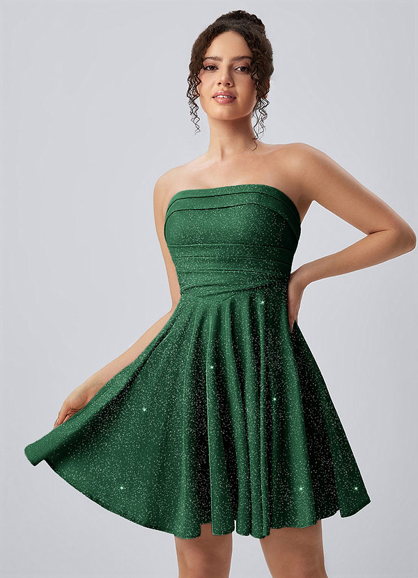 Jacinthe Dusty Green Strapless Glitter Ruched Lace-Up Skater Mini Dress image1