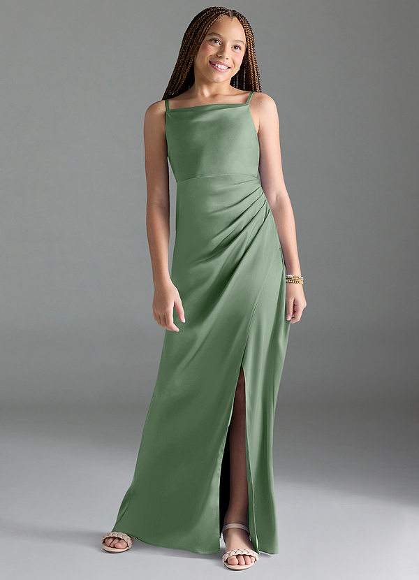Azazie Leonis Junior Matcha A-Line Pleated Stretch Satin Dress image1