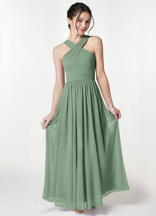 Azazie Jiya Junior Matcha A-Line Pleated Mesh Dress image1