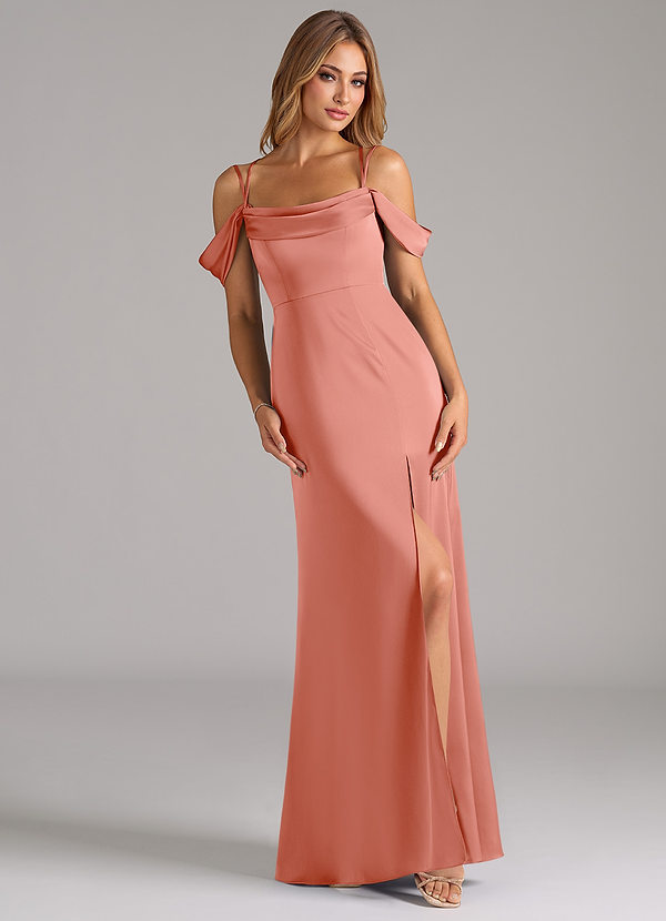 Azazie Callan Robes Demoiselle d'honneur Robe Trapèze Convertible en Satin extensible Plissée Corail image1