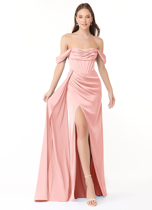 Azazie Amyra Bridesmaid Dresses Powder Pink Mermaid Off the Shoulder Stretch Satin Convertible Dress image1