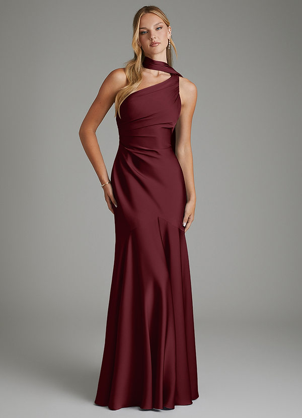 Azazie Amara Bridesmaid Dresses Cabernet Mermaid One Shoulder Stretch Satin Dress image1