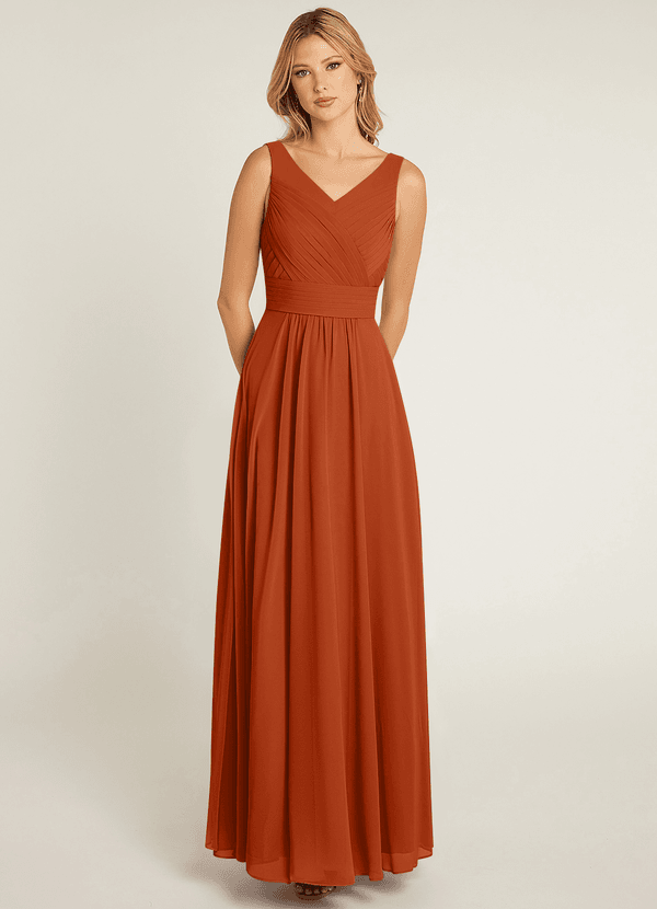 Azazie Pierrette Bridesmaid Dresses Burnt Orange A-Line Pleated Chiffon Dress image1