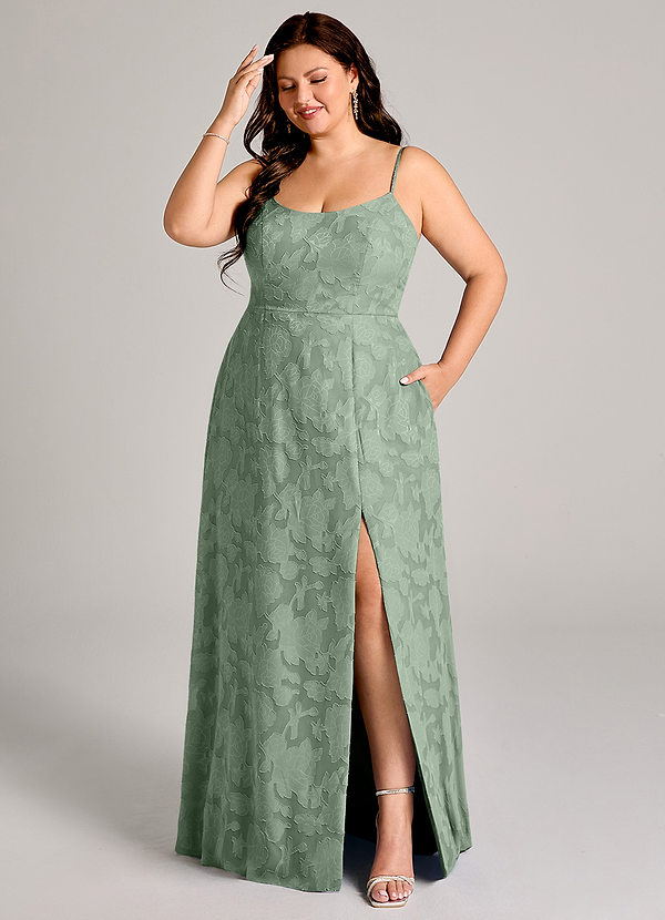 Azazie Moira Bruidsmeisjes Jurken Jurk van Bloemen Burn-out met A-Lijn Zijsplit Matcha image1