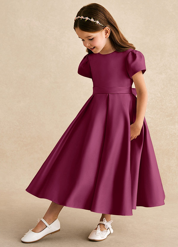 Azazie Princess Flower Girl Dresses Mulberry A-Line Pleated Matte Satin Dress image1