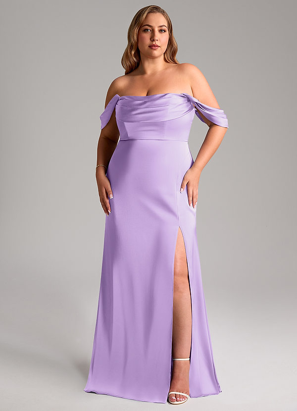 Azazie Saige Bridesmaid Dresses Lilac Sheath Off the Shoulder Stretch Satin Dress image1