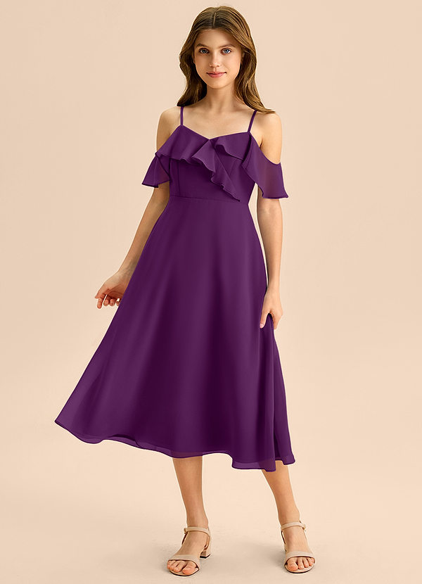 Azazie Kamilla Junior Abito A-Line in Chiffon a Spalla Scoperta Uva image1